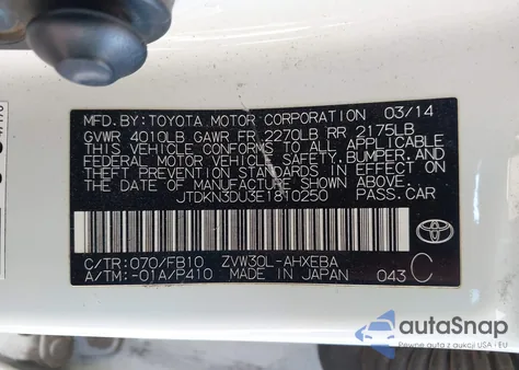 2014 Toyota Prius z USA, uszkodzony, nr VIN JTDKN3DU3E1810250